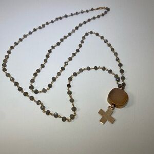 Sculptural Necklace Druzy pendant, beaded stones, + gold tone cross. Hangs 16.5”